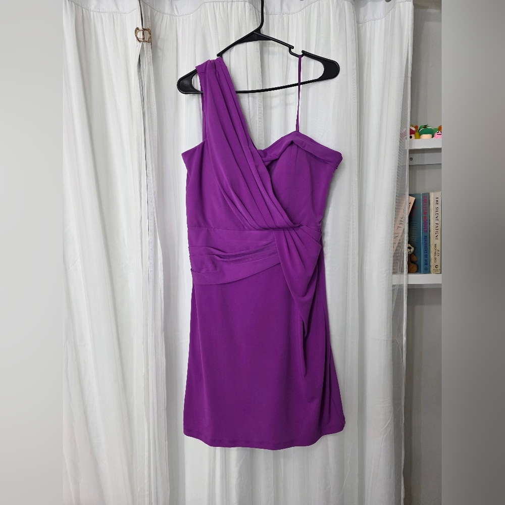 ​Vibrant Purple One-Shoulder Cocktail Dress - Pleated Waist Asymmetrical Party